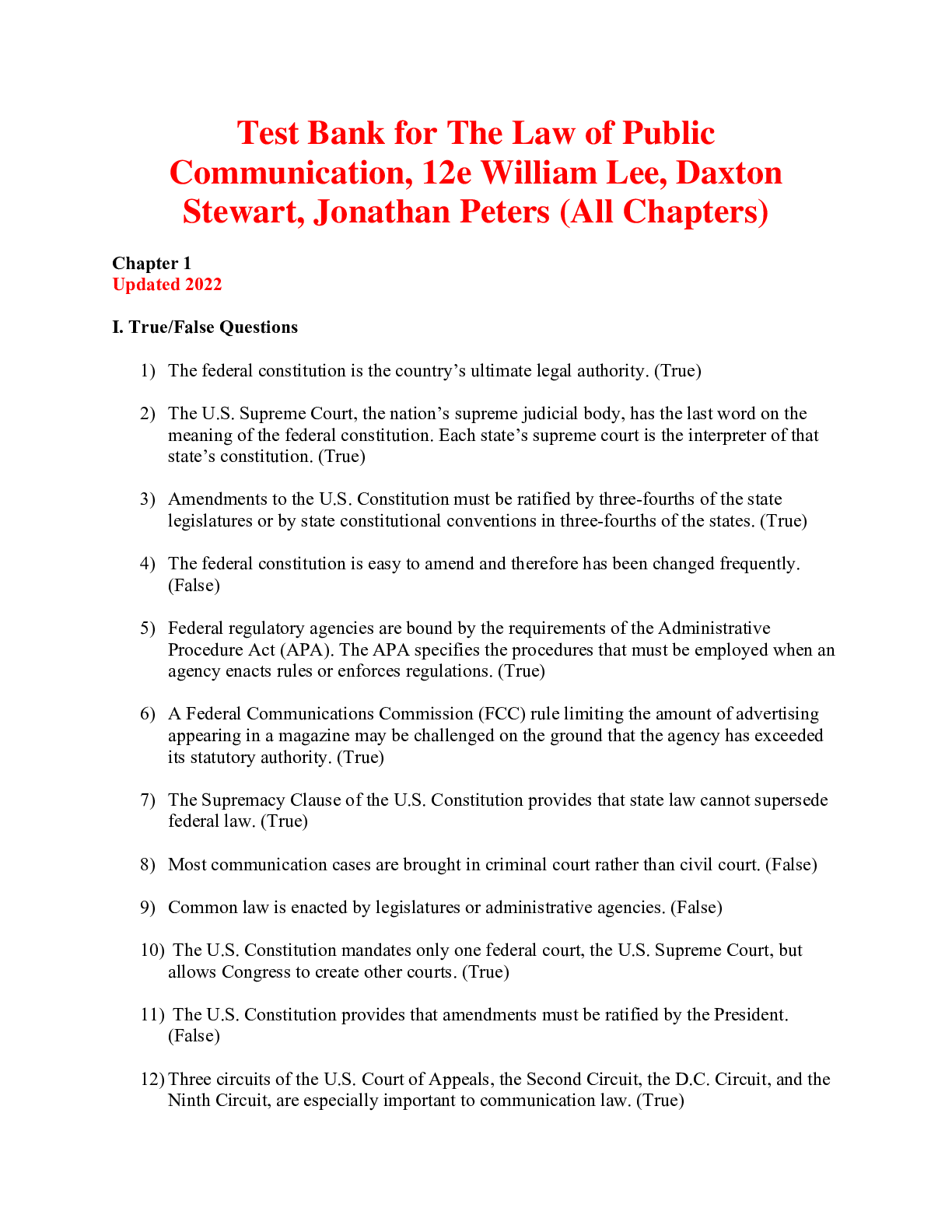 Preview of The Law of Public Communication, 12th Edition William, Daxton and Jonathan Peters | Test B